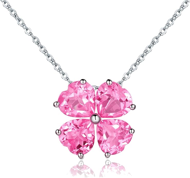 JIANGXIN Colorful Birthstone 925 Sterling Silver Handmade Pendant Necklace for Women Lucky Four Leaf Clover Plant Shamrock Jewelry Rhodium Plated