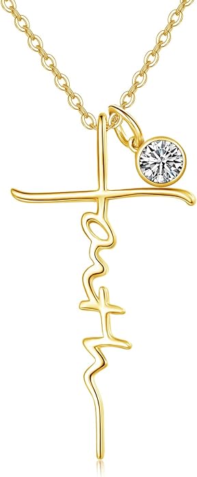 PRAYMOS Faith Cross Necklace for Women 925 Sterling Silver Pendant Necklace With Birthstone Initial Christian Religious Confirmation Baptism Mothers Day Gifts