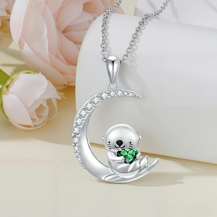 PROESS Animal Birthstone Necklace 925 Sterling Silver Otter/Axolotl/Hippo/Elephant/Dachshund/Monkey/Red Panda Pendant Necklace Animal Birthstone Jewelry Gifts for Women