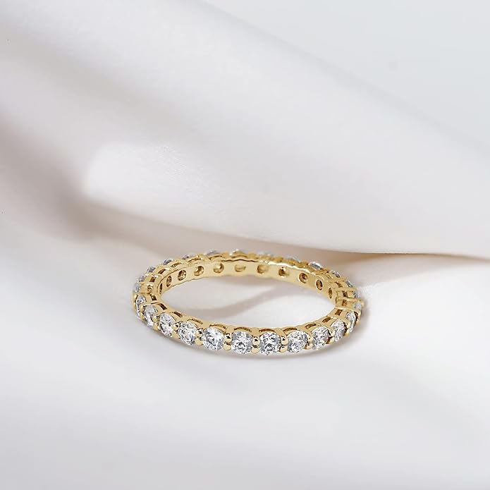 Amazon Essentials Platinum or Gold Plated Sterling Silver All-Around Band Ring set with Round Infinite Elements Cubic Zirconia