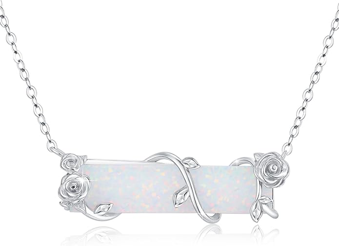 Bar Opal Leaf Necklace For Women S925 Sterling Silver White Opal Pendant with Leaf Charm Bar Pendant Jewelry Gift For Mom Daughter Wife