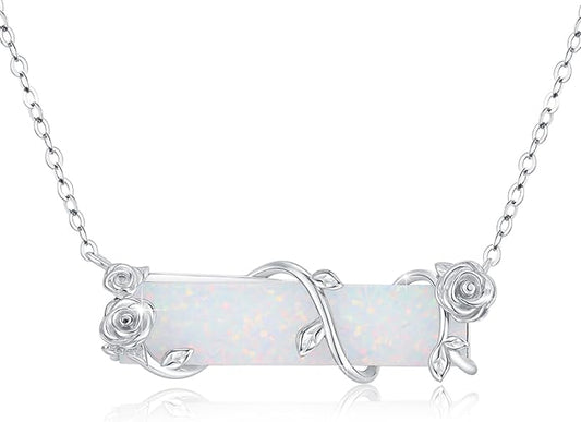 Bar Opal Leaf Necklace For Women S925 Sterling Silver White Opal Pendant with Leaf Charm Bar Pendant Jewelry Gift For Mom Daughter Wife
