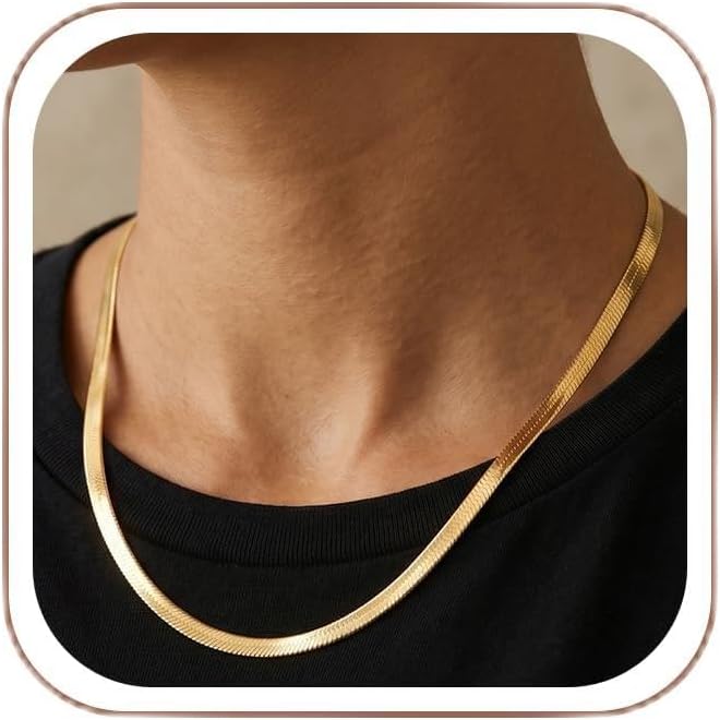 14K Gold/Silver Plated Stainless Steel Herringbone Necklace for Women, Dainty Snake Chain Choker, Trendy Simple Long Layered Jewelry, Non Tarnish 4mm Flexible Flat Necklace, Made in Italy