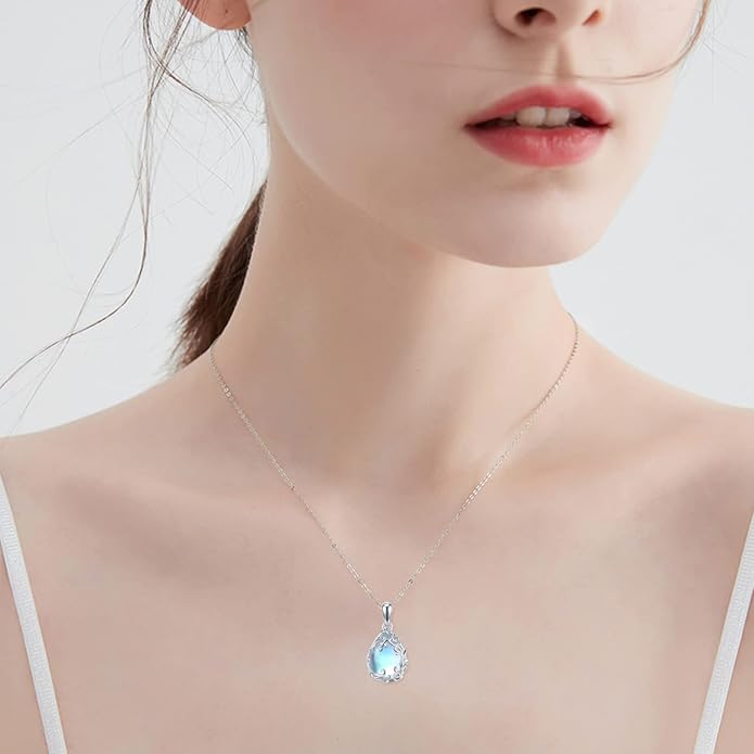 Teardrop Moonstone/Turquoise Necklace for Women 925 Sterling Silver Cage Filigree Necklaces Anniversary Birthday Jewelry Gift for Women
