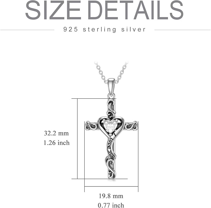 TOUPOP Cross Birthstone Necklace for Women 925 Sterling Silver Heart Cross Pendant I Love You Jewelry Anniversary Birthday Mothers Day Gifts for Mom Wife Her