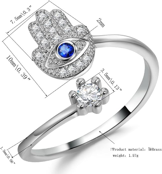 Hamsa Hand Evil Eye Ring for Women, Evil Eye Hamsa Hand of Fatima Ring Blue Cubic Zirconia Inspirational Turkish Eye Ring Hamsa Hand Jewelry Set Gifts Valentine Day Chrismtas Gifts