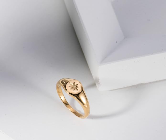 18K Gold Plated Women's Starburst Signet Ring - Minimalist Mother of Pearl Statement Piece