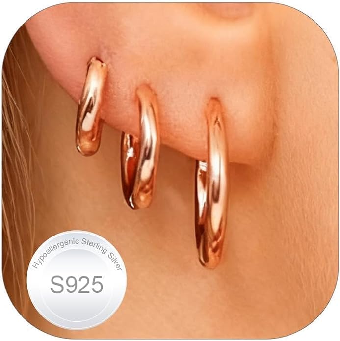 Silvora Sterling Silver Hoop Earrings for Women, Small Hoops 14K Gold Plated/925 Silver/Rose Gold/Black, Hypoallergenic Huggie Lightweight Cartilage Sleeper Earrings 8/10/12/14/16/18/20mm