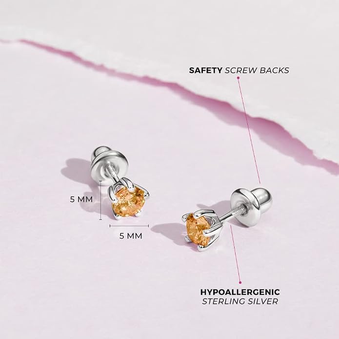In Season Jewelry Solitaire Simulated Birthstone Kids Earrings - 925 Sterling Silver Hypoallergenic Earrings for Girls with Secure Screw Backs - Safe & Comfortable for Kids & Little Girls
