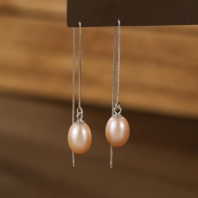 JaruJaru Vermeil Chain Freshwater Pearl Earrings for Women, Gold Threader Earrings, Gold plated on S925 Sterling Silver, Hypoallergenic Thread Through Dangle Earrings