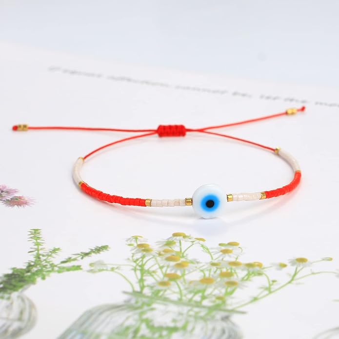 KELITCH Evil Eye Bracelets Crystal Seed Beaded Adjustable Cuff Charms Bracelets Amulet Fashion Jewelry Gift for Women