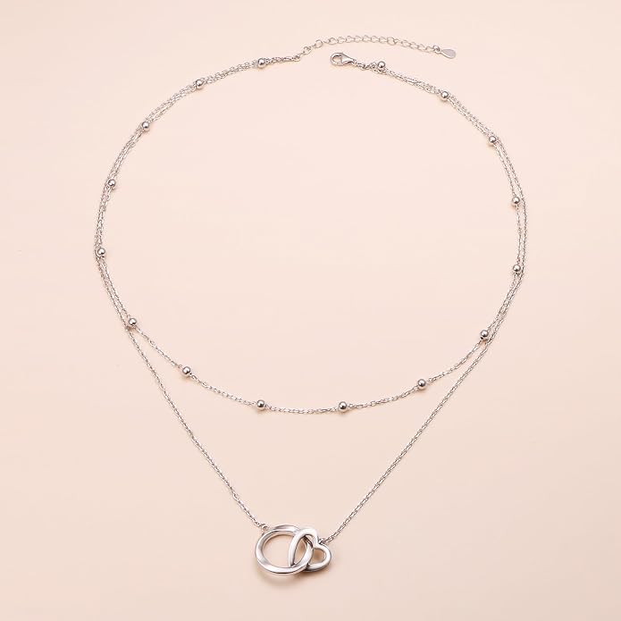 Layered Choker Necklaces for Women S925 Sterling Silver Circle/Heart/Cross/Star Multi Layered Necklace Handmade Bead Chain Adjustable Jewelry for Birthday