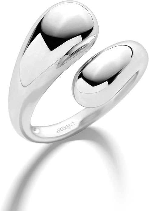 NOKMIT Chunky Gold Rings for Women Adjustable Open Teardrop Wrap Bypass Statement Band Gold Silver Tone High Polished Smooth Comfort Fit