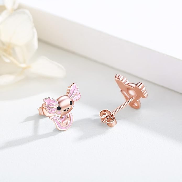 925 Sterling Silver Axolotl Earrings White Gold/Rose Gold Axolotl Jewelry for Women Girls Pink/Blue Axolotl Gifts