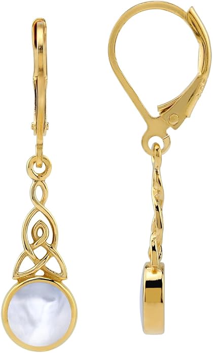 Silvershake 6MM Round Shape Inlay White Gold Plated or Yellow Gold Plated 925 Sterling Silver Triquetra Celtic Knot Dangle Leverback or Hook Earrings Jewelry for Women