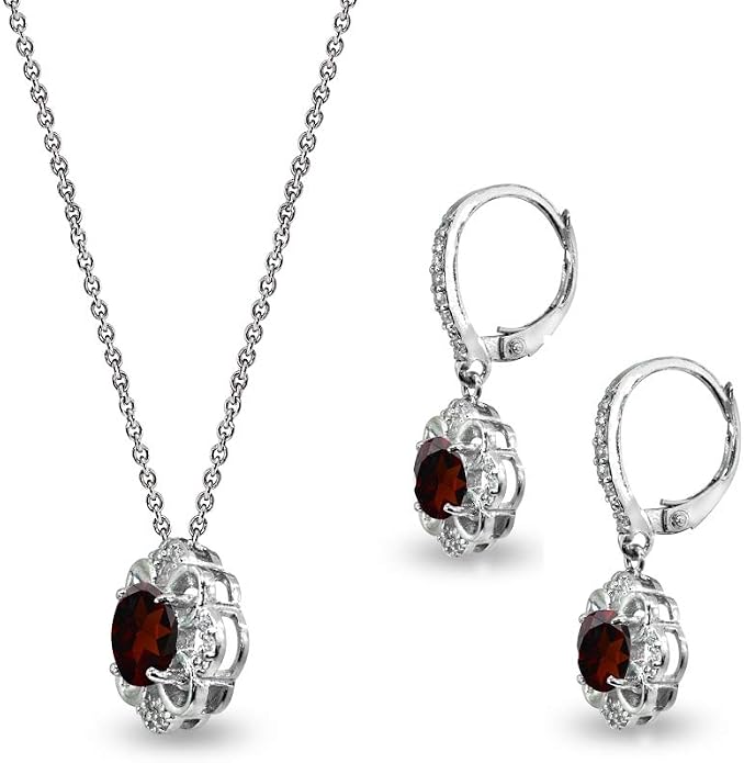 B. BRILLIANT Sterling Silver Genuine or Synthetic Gemstone 6mm Round-Cut Flower Dainty Slide Necklace & Leverback Earrings Set