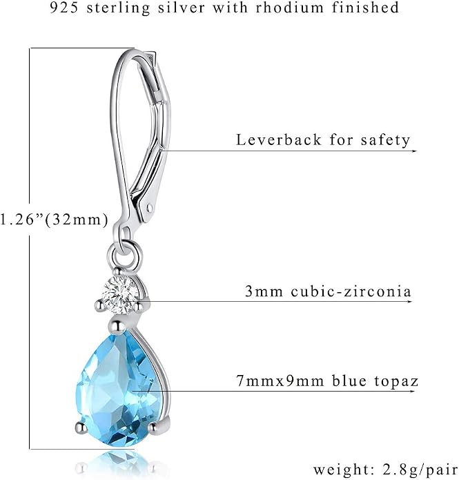 925 Sterling Silver Blue Topaz/Amethyst/Rainbow Quartz CZ Teardrop Leverback Earrings Drop Dangly Gemstone Earings Hypoallergenic Birthday Jewelry Gifts for Women