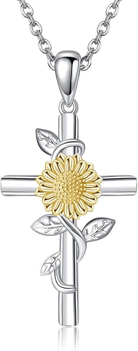 Flower Cross Necklace 925 Sterling Silver Carnation/Rose/Lily/Daisy Cross Necklace Birth Flower Jewelry for Women