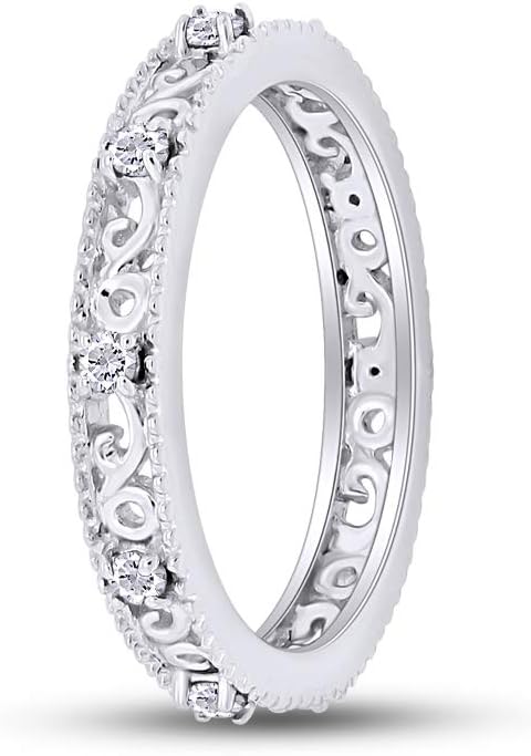 Jewel Zone US Filigree Eternity Wedding Band Ring for Women, Round Cut Simulated Gemstone Stackable Promise Ring in 14K Gold Plated 925 Sterling Silver Band Width 3.5mm – Elegant Jewelry for Her