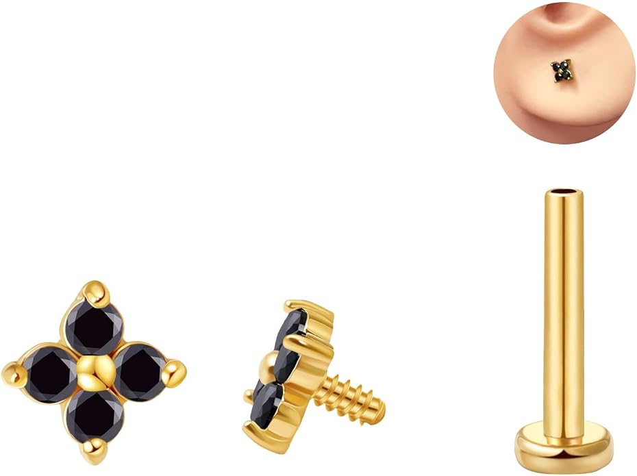 FANSING CZ Flower Internally Threaded Flat Back Earring Labret Stud for Cartilage Tragus Helix Conch