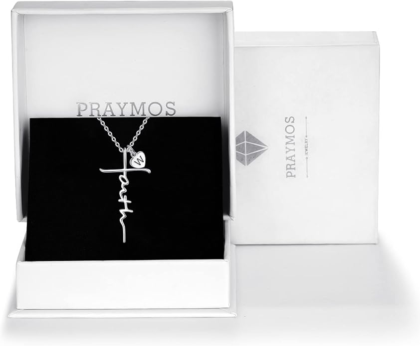 PRAYMOS Faith Cross Necklace for Women 925 Sterling Silver Pendant Necklace With Birthstone Initial Christian Religious Confirmation Baptism Mothers Day Gifts