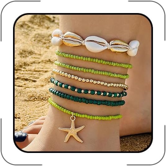 Shell Anklets Bracelet for Women Waterproof Surfer Starfish Bracelet Puka Shell Anklet Colorful Boho Stack Stretch Bead Bracelet Set Hawaii Summer Beach Vacation Foot Jewelry