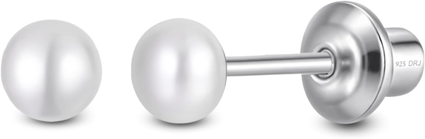 Pearl Screw Back Stud Earrings for Baby, Toddler, Girls | Hypoallergenic 925 Sterling Silver Screwback Safety Earrings | Simulated Pearl Studs for Sensitive Ears | Keepsake Gift for Birthdays Holidays Special Occasions