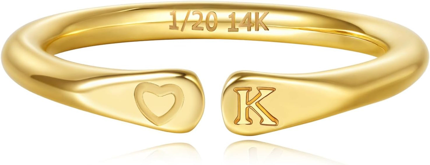 14k Gold Filled Hand Carving Initial Rings for Women Non Tarnish Wedding Heart Shaped Bands for Women