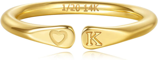 14k Gold Filled Hand Carving Initial Rings for Women Non Tarnish Wedding Heart Shaped Bands for Women