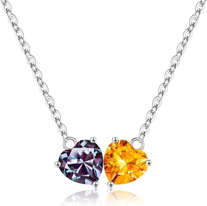 Iefil 1.25Ct Double Heart Birthstone Necklace - 925 Sterling Silver Birthstone Necklace, Birthday Gifts for Women, Jewelry Gifts for Mom Daughter Wife