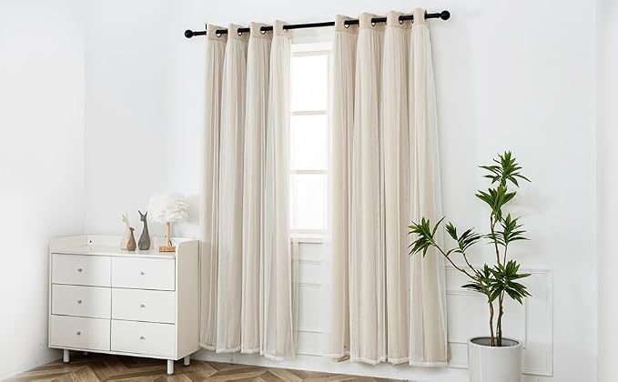 INLINAS Beige Blackout Curtains with Sheer Overlay - Grommet Top Thermal and Noise Reduction Panels for Bedroom and Living Room Light Blocking and Energy Saving, 52 x 108 Inches, Set of 2