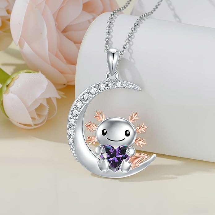 PROESS Animal Birthstone Necklace 925 Sterling Silver Otter/Axolotl/Hippo/Elephant/Dachshund/Monkey/Red Panda Pendant Necklace Animal Birthstone Jewelry Gifts for Women