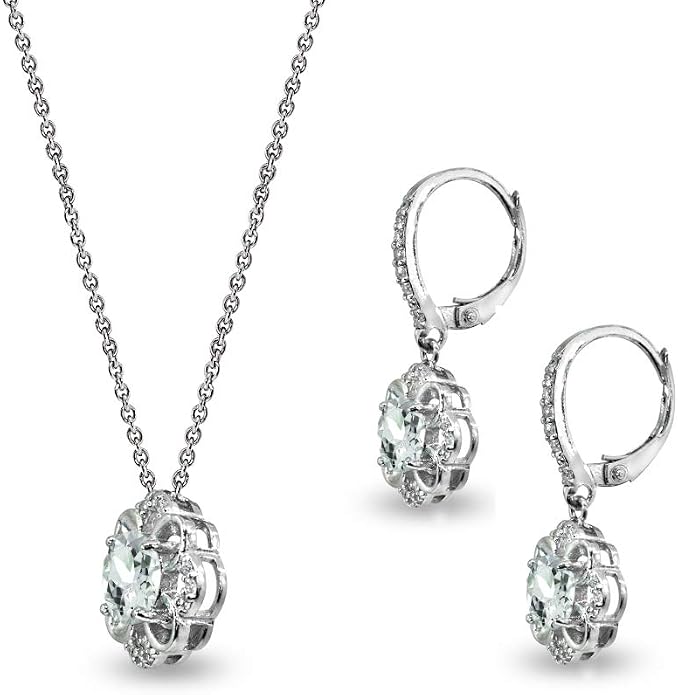 B. BRILLIANT Sterling Silver Genuine or Synthetic Gemstone 6mm Round-Cut Flower Dainty Slide Necklace & Leverback Earrings Set