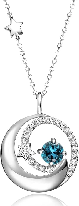 FANCIME Birthstone Necklaces 925 Sterling Silver Moon and Star Pendant Fine Jewelry Birthday Mothers Day Gifts for Mom Wife Her Daughter, Adjustable Chain 16+2"