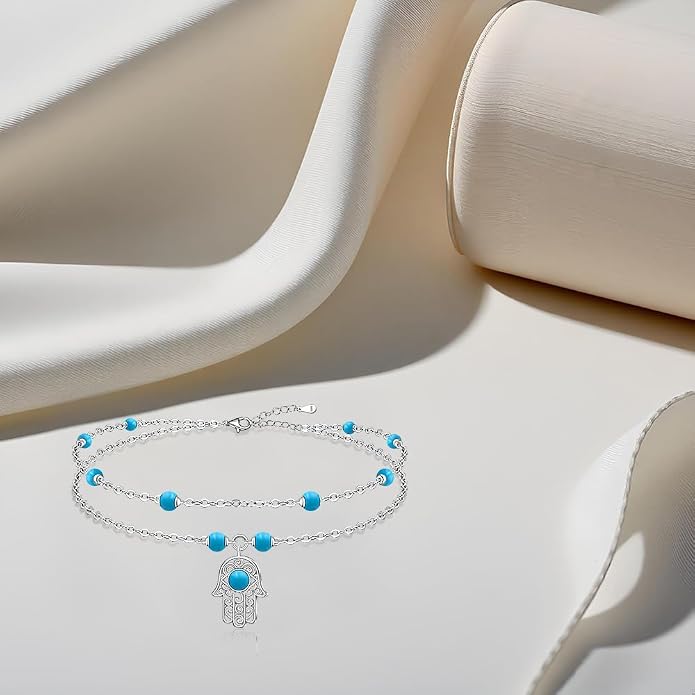 Anklets for Women S925 Sterling Silver Hand of Fatima Charm Dainty Evil Eye Hamsa Hand Anklet Adjustable Layered Bracelet Turquoise Jewelry Mothers Day Gifts for Mom