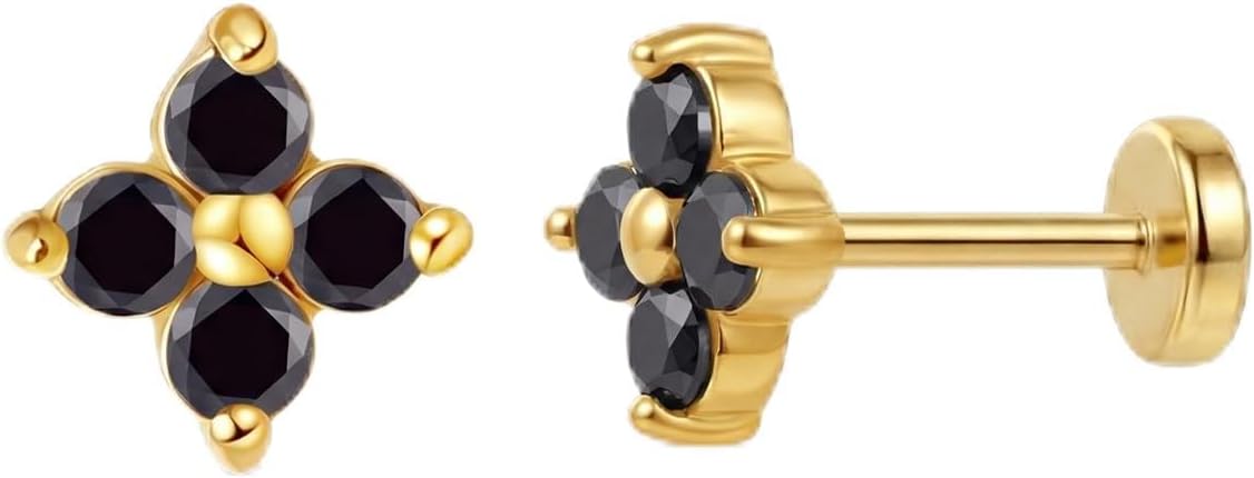 FANSING Short Threadless Cartilage Earring Stackable CZ Birthstone Flat Back Earrings for Women Small Stud Earrings for Tragus Helix Earlobe 18K Gold Plated ‌Rainbow 5.0mm