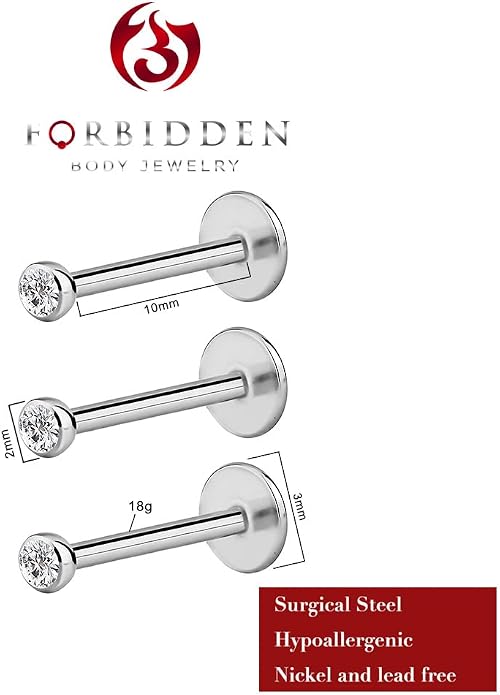 Forbidden Body Jewelry Surgical Steel Earrings Internally Threaded Micro CZ Gem Top Tragus/Helix/Labret Stud with 2mm Top 18G (4mm-10mm)