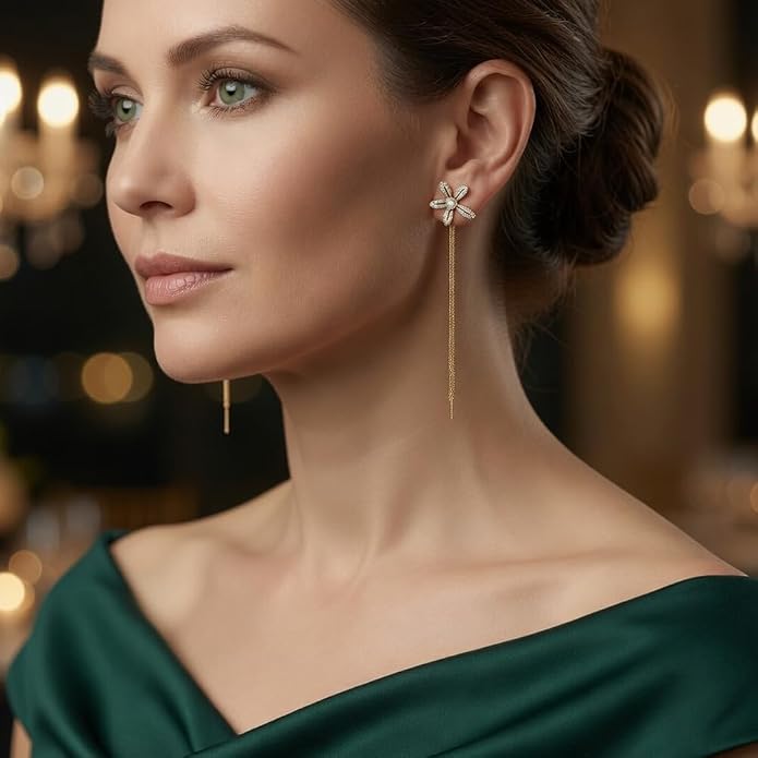 14K Gold Plated Flower Dangle Earrings for Women, Hypoallergenic Cubic Zirconia Long Threader Chandelier Earrings, Elegant Crystal Jewelry for Wedding Bridal Prom Party Gifts