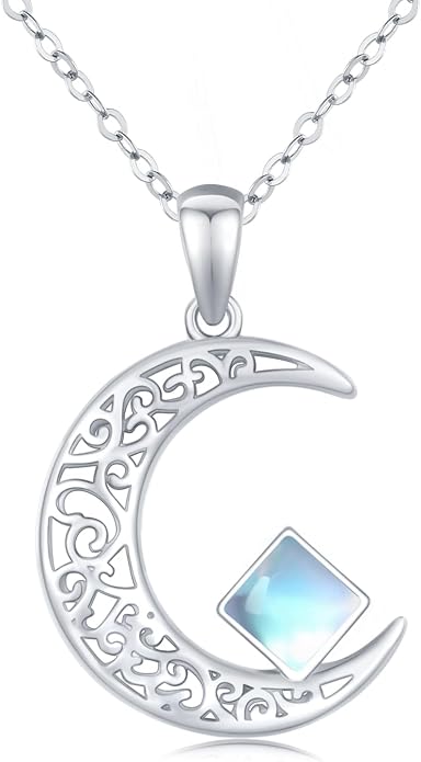 TRISHULA Moon Star Necklace, 925 Sterling Silver Crescent Moon Sun Pendant with Moonstone Crescent Jewelry Gift for Her Sister Birthday Christmas