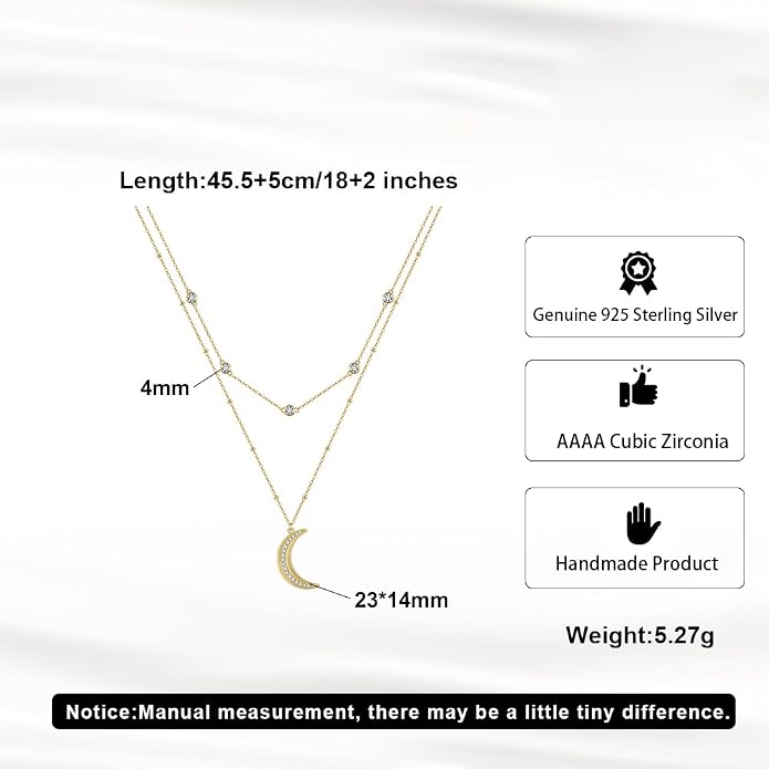 Dainty 2 Layered Choker Necklace S925 Sterling Silver Multilayer Moon Necklace Layering Necklace Celestial Jewelry for Women
