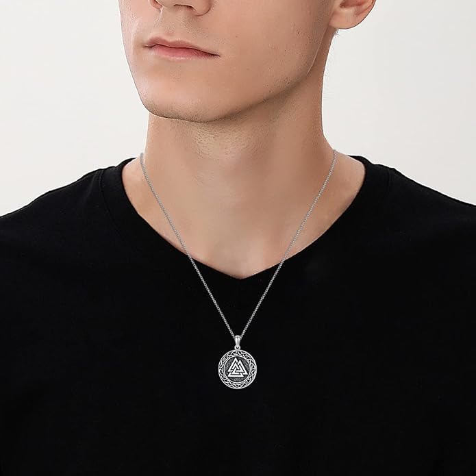 Valknut Viking Necklace 925 Sterling Silver Odin Knot Pendant Necklace Celtic Nordic Pagan Jewelry Gifts for Men Women 18+2"