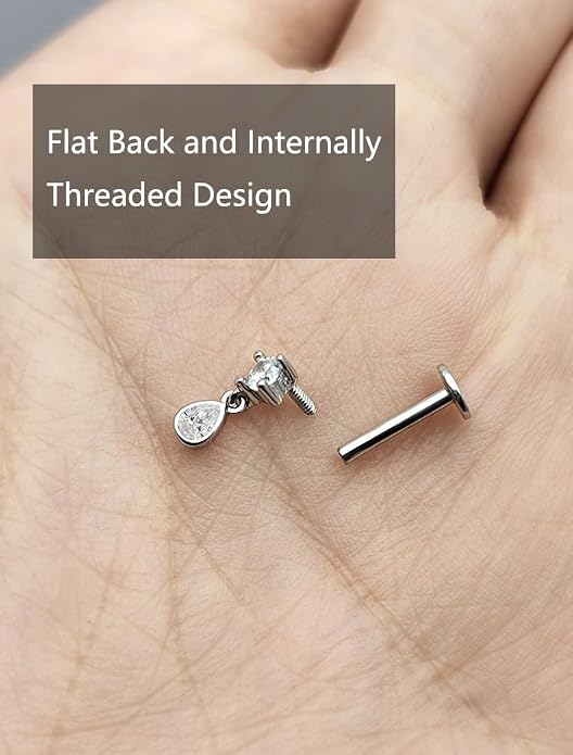 Sterling Silver 925 Flat Back Earring for Women 1PC 16G Helix Piercing Jewelry Dangle Cartilage Earring Internally Threaded Tragus Forward Conch Stud CZ Ear Ring 8mm Gifts