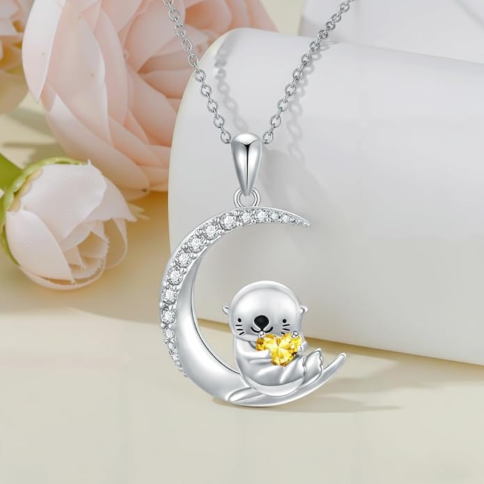 PROESS Animal Birthstone Necklace 925 Sterling Silver Otter/Axolotl/Hippo/Elephant/Dachshund/Monkey/Red Panda Pendant Necklace Animal Birthstone Jewelry Gifts for Women