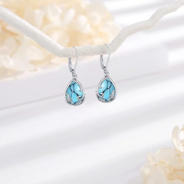 Dangle Earrings Sterling Silver Moonstone/Turquoise/CZ/Crystal Earrings for Women Tree of Life Animal Filigree Leverback Earrings Jewelry Gifts
