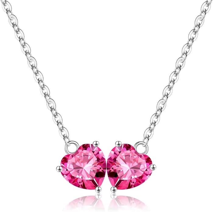 Iefil 1.25Ct Double Heart Birthstone Necklace - 925 Sterling Silver Birthstone Necklace, Birthday Gifts for Women, Jewelry Gifts for Mom Daughter Wife