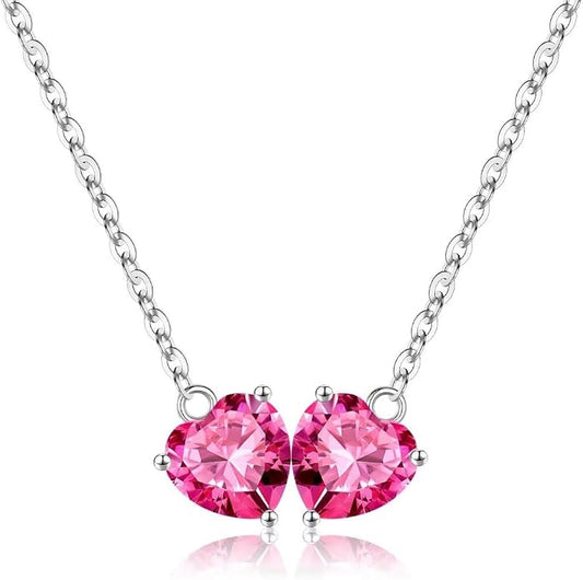 Iefil 1.25Ct Double Heart Birthstone Necklace - 925 Sterling Silver Birthstone Necklace, Birthday Gifts for Women, Jewelry Gifts for Mom Daughter Wife