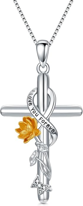 Cross Necklace for Women 925 Sterling Silver I Love You Necklace Religious Jewelry with Gift Box for Mother Daughter