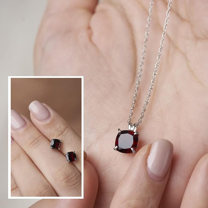 MAX + STONE 14k Gold Plated or Sterling Silver Cushion Cut Gemstone Stud Earrings and Pendant Necklace for Women with 6mm and 8mm Birthstones 18 Inch Chain and Push Backs Jewelry Set