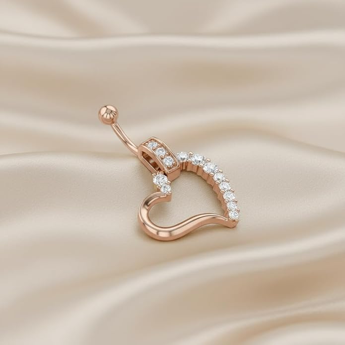 AFFY Women's Heart Charm Belly Ring with Round White Cubic Zirconia in 14K Gold Plated 925 Sterling Silver, Dangle Navel Piercing Jewelry for Her