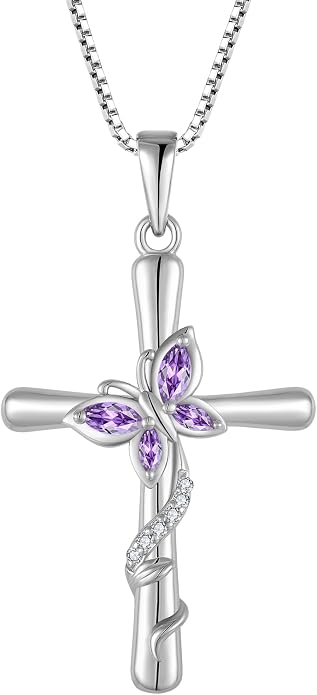 Cross Necklace for Women 925 Sterling Silver Butterfly Necklace Birthstone Pendant Created Gemstone Jewelry Gifts for Women
